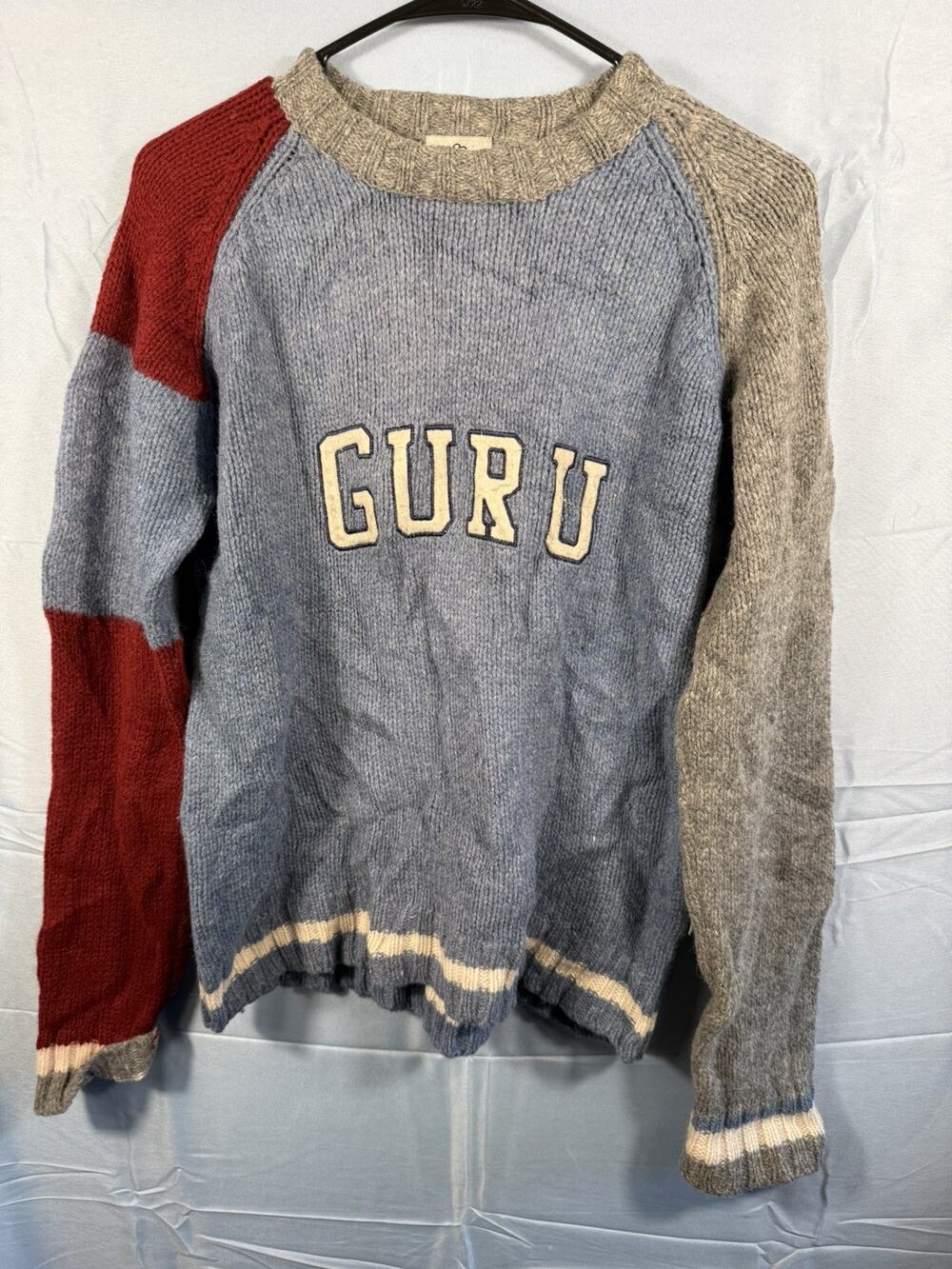 GURU Italia Men's Small Shetland Wool Colorblock Knit Sweater Blue Red Gray